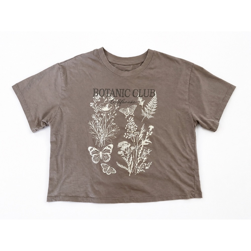 Organic Collective Botanic Butterfly Floral Graphic Tee Brown Crop Small